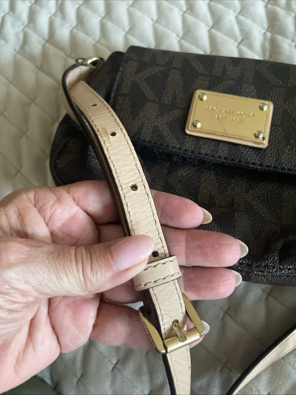 Michael Kors Brown Logo Crossbody with Pale tan Strap and Gold Plaque